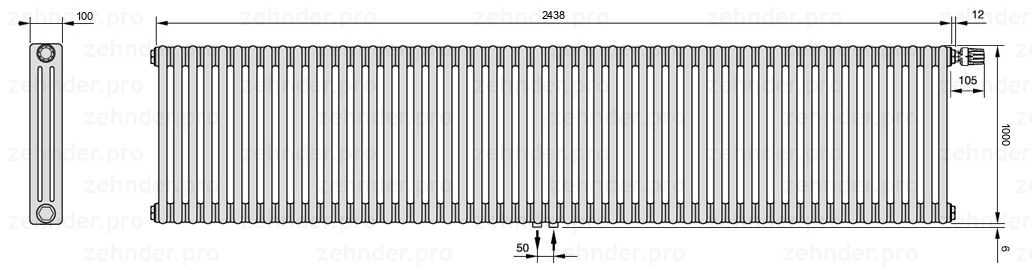 Схема (чертеж) Радиатор Zehnder Charleston 3100/53 №V008 Белый глянцевый RAL 9016